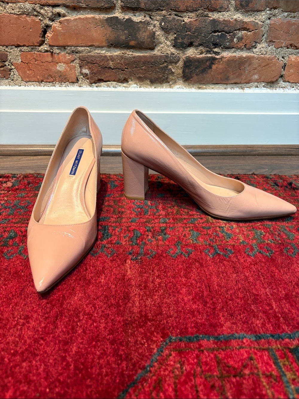 Stuart Weitzman Laney Pointed-Toe Block Heel Pumps in Blush Pink (Size 41)